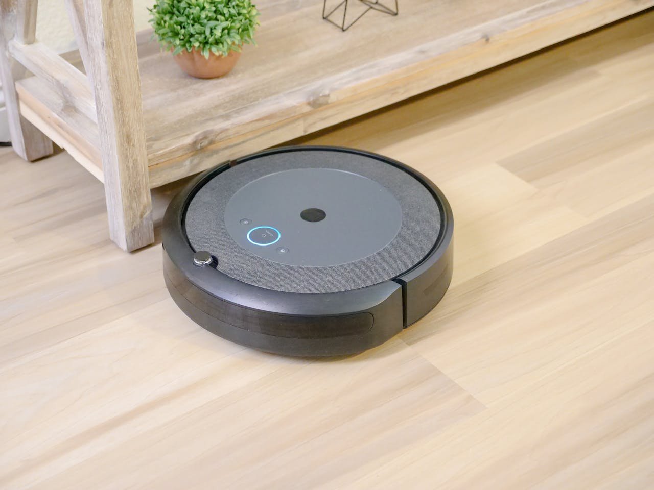Automated robotic vacuum cleaner on hardwood floor next to plant.